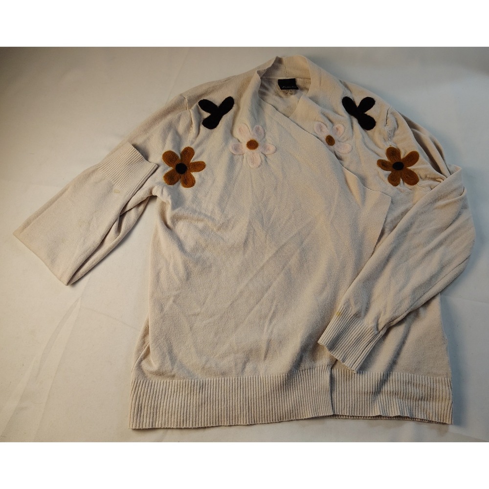 Aaeda Womens Cream Wrap Front Sweater 3D Floral Applique Long Sleeve Size L